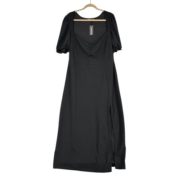 PrettyLittleThing Black Short Puff Sleeves‎ Side Slit Maxi Dress Size USA 14 - Picture 1 of 6